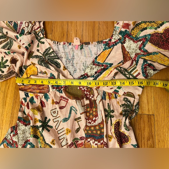 FARM Rio Pink Ruffled Tropical Print Tiered Maxi Dress Balloon Sleeves L - Picture 10 of 13